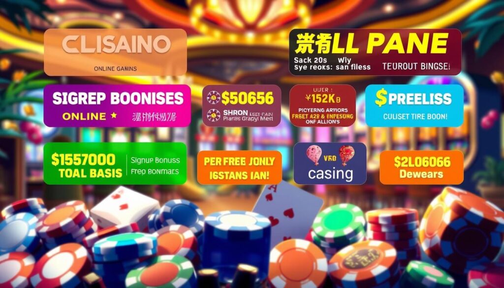 A vibrant casino-themed illustration showcasing various online gaming promotional offers. In the foreground, an array of casino chips, dice, and playing cards in a dynamic composition. The middle ground features colorful banners and icons representing signup bonuses, reload bonuses, cashback rewards, and other enticing promotions. The background depicts a lush, softly blurred casino interior with warm lighting and hints of slot machines or gaming tables. The overall mood is one of excitement and anticipation, capturing the essence of the diverse gaming incentives available to online players in Taiwan.
