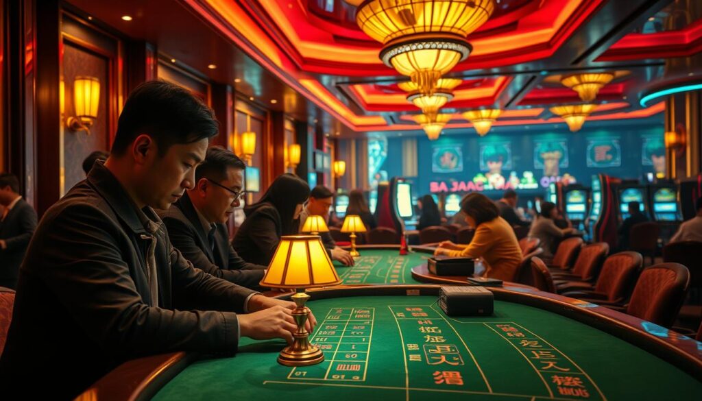A vibrant, cinematic scene of a Taiwanese casino interior, bathed in warm, atmospheric lighting. In the foreground, a focused group of gamblers intently studying the green felt-covered baccarat table, their faces lit by the glow of the table lamps. In the middle ground, the casino's luxurious decor comes into view - polished wood paneling, plush leather chairs, and gilded accents. The background reveals a panoramic vista of the casino floor, bustling with the energy of slot machines and the low murmur of conversation. The overall mood is one of sophisticated elegance and heightened anticipation, capturing the essence of the Taiwanese gambling industry's evolution.