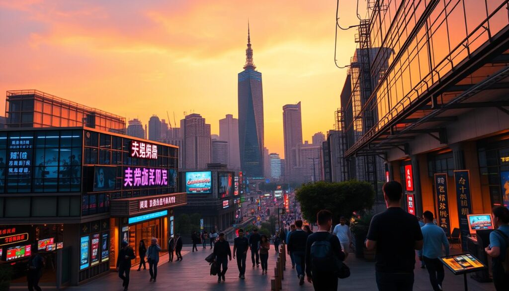 A vibrant cityscape at dusk, the iconic skyline of Taipei silhouetted against an orange-hued sky. In the foreground, a modern casino façade, its sleek glass and steel structure bathed in neon lights, symbolizing the rise of online gambling in Taiwan. Patrons enter and exit, their faces illuminated by the glow of mobile devices, immersed in the thrill of live-streamed baccarat games. In the middle ground, a bustling street scene, with locals and tourists alike mingling, drawn to the allure of the new digital gambling era. The background features a network of high-speed internet cables, underscoring the technological infrastructure that enables the seamless integration of online betting into the Taiwanese lifestyle.