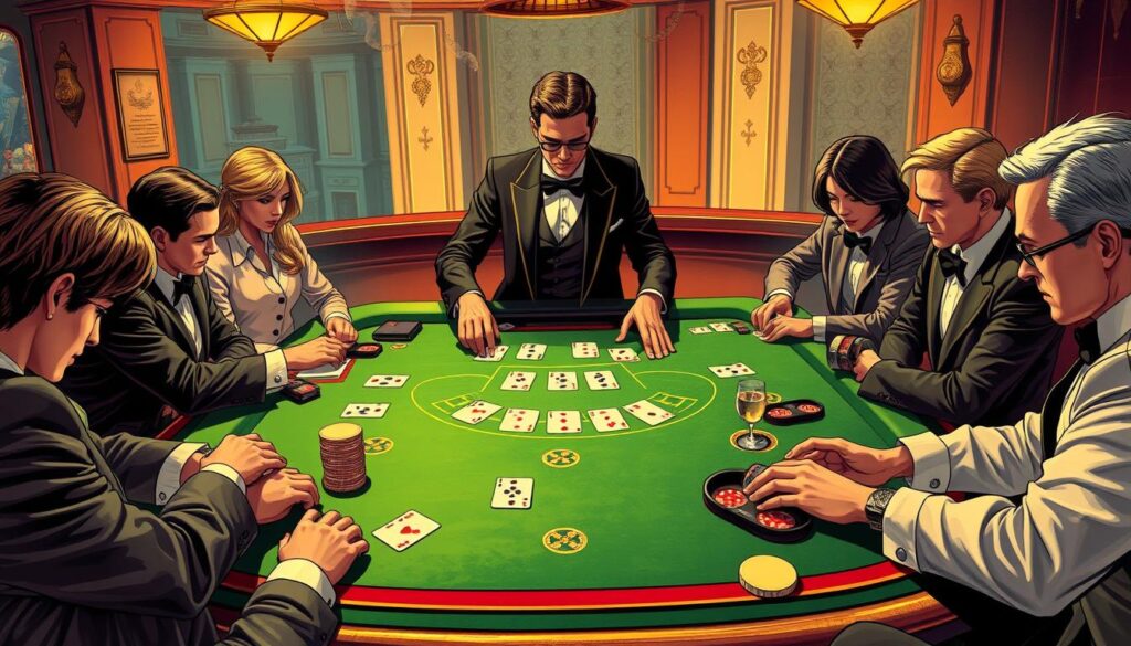 A vibrant, detailed illustration of the classic casino game Baccarat. Centered on a plush green baize table, an elegant croupier deals cards with precision, surrounded by a group of smartly-dressed players engrossed in the tension of the game. Warm lighting casts a soft glow, creating an atmosphere of refined sophistication. The overall scene captures the essence of Baccarat - a timeless game of skill, chance, and the thrill of the casino experience.