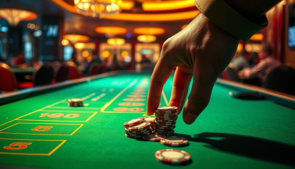 A vibrant, detailed image of the risks and returns of the Martingale betting strategy in baccarat. A person's hand with casino chips placed on a green felt table, illuminated by warm, ambient lighting. In the background, a blurred casino scene with players seated at baccarat tables, the iconic baccarat game layout visible. The foreground shows the hand hesitantly placing the chips, conveying the tension and uncertainty of the Martingale method. The image reflects the strategy's potential for significant gains offset by the ever-increasing risk of ruin.