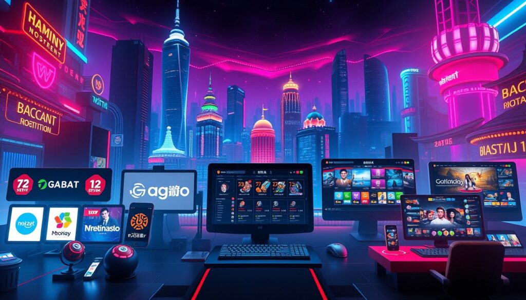 A vibrant digital landscape depicting a comparison of popular online baccarat gaming platforms. The foreground showcases various platform logos and icons, each with a distinct visual style and color scheme. The middle ground features sleek interface designs, highlighting user-friendly features and intuitive navigation. The background subtly blends futuristic cityscapes, neon-lit night skies, and hints of traditional Asian architectural elements, creating an immersive and technologically advanced atmosphere. The lighting is a harmonious blend of warm and cool tones, casting a sense of sophistication and modernity. The overall composition conveys the idea of a comprehensive, well-curated selection of top-tier online baccarat platforms catered to the discerning Taiwanese player.