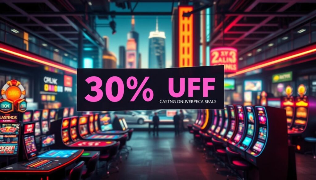 A vibrant, eye-catching promotional display showcasing an array of discounted game offerings. Set against a sleek, contemporary backdrop, the foreground features an attractive selection of casino table games, slot machines, and digital interfaces, all bathed in a warm, inviting lighting scheme. The middle ground highlights a bold, dynamic banner promoting the latest deals and special offers, drawing the viewer's attention. In the background, a blurred cityscape sets the scene, conveying a sense of urban excitement and the thrill of online gaming. The overall composition exudes a sophisticated, high-energy atmosphere befitting a leading online casino platform.