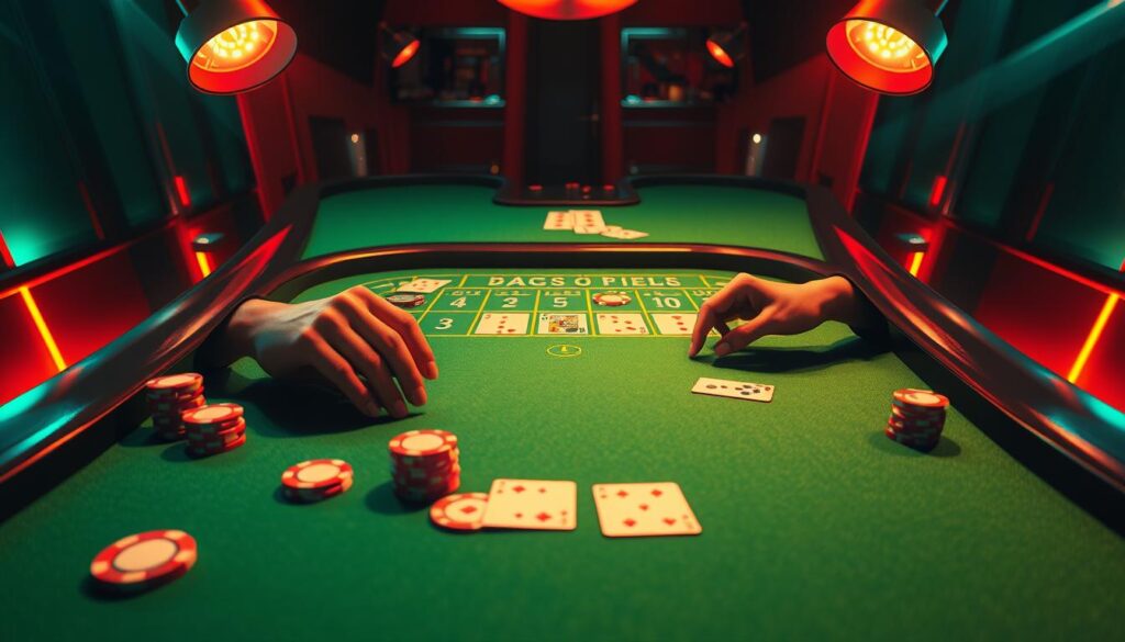 A vibrant, high-contrast rendering of a live casino betting table, showcasing the dynamic flow of baccarat gameplay. The green felt surface is illuminated by warm, overhead spotlights, casting dramatic shadows across the chips, cards, and the dealer's hands as they manipulate the game. The table is framed by a sleek, modern design, with clean lines and a minimalist aesthetic. The overall atmosphere conveys a sense of high-stakes excitement and strategic analysis, capturing the essence of real-time baccarat decision-making. The camera angle provides an immersive, bird's-eye perspective, drawing the viewer into the heart of the gaming action.