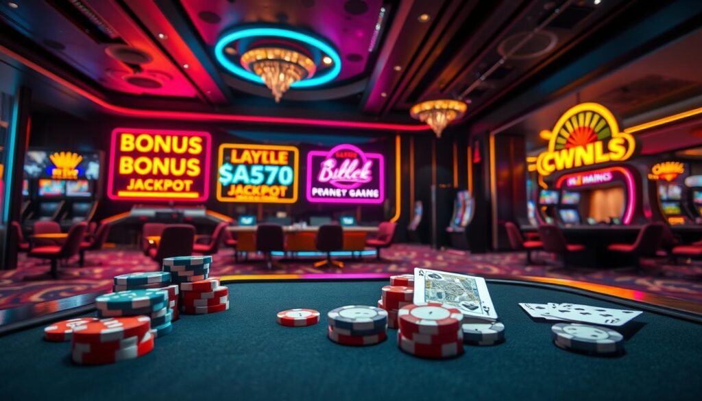 A vibrant, high-contrast scene featuring a table with casino-style gaming chips, dice, and playing cards in the foreground. In the middle ground, glowing neon-lit signs advertise lucrative bonus offers, promotions, and jackpot prizes. The background is a sleek, modern casino interior with plush carpeting, warm lighting, and hints of opulent decor. The overall atmosphere evokes a sense of excitement, anticipation, and the promise of big wins. Captured with a wide-angle lens to emphasize the grandeur of the setting, the image should convey the allure and energy of an elite online casino's rewards program.