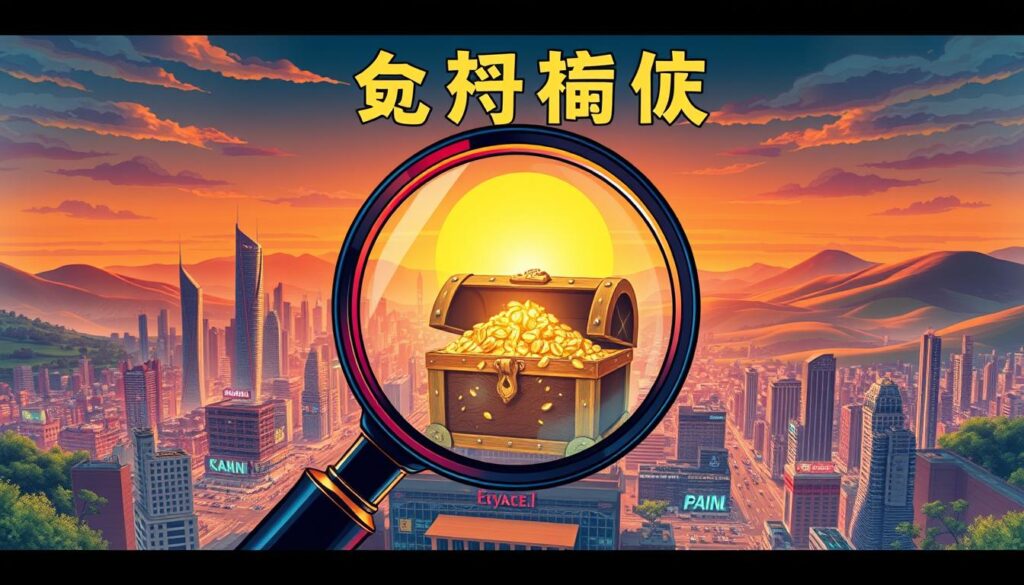 A vibrant, intricately detailed illustration of the "獲利秘訣" concept. In the foreground, a magnifying glass illuminates a glittering treasure chest, symbolizing the rewards of strategic financial planning. The middle ground features a bustling cityscape, with skyscrapers and bustling streets, representing the dynamic, lucrative world of online gaming. In the background, a serene natural landscape with rolling hills and a warm, golden sunset sky, conveying a sense of balance and tranquility amidst the pursuit of financial success. The lighting is soft and diffused, creating a sense of depth and atmosphere. The overall mood is one of prosperity, discovery, and the rewarding journey of maximizing one's earnings.