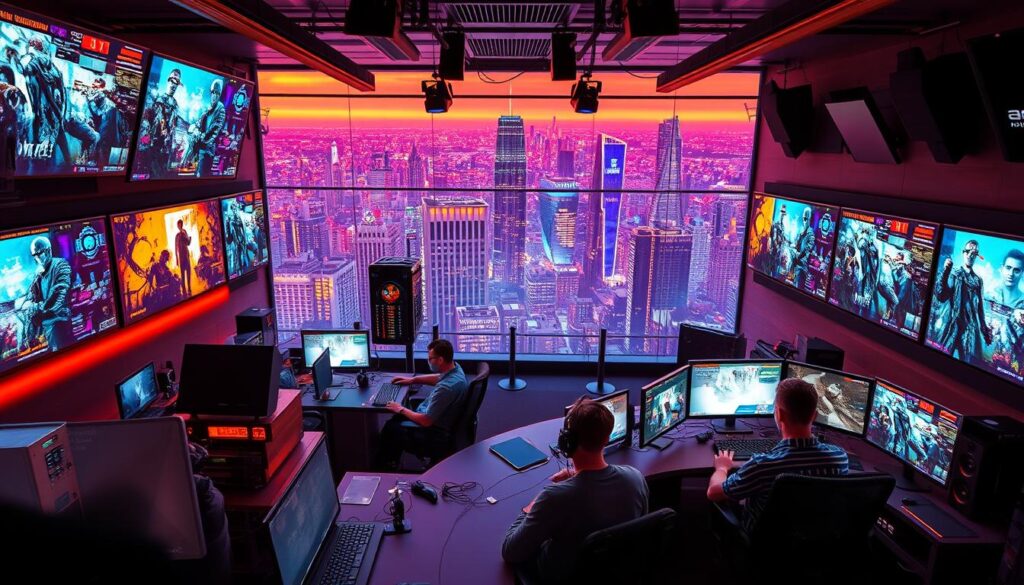 A vibrant, modern gaming newsroom with an array of digital screens displaying the latest game updates and announcements. Sleek monitors, keyboards, and gaming peripherals fill the foreground, while a team of dedicated gaming journalists work diligently in the middle ground, surrounded by a sophisticated, tech-forward atmosphere. The background showcases a panoramic view of a bustling city skyline, highlighting the global reach and influence of the gaming industry. Warm lighting and a sense of energy and excitement permeate the scene, capturing the essence of the "Latest Game News and Events" section.
