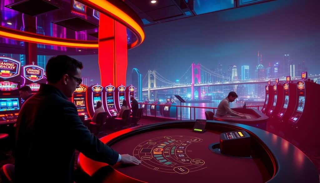 A vibrant, neon-lit online casino scene with a sleek, modern aesthetic. In the foreground, a high-stakes baccarat table is the focal point, with players engrossed in the game and the dealer overseeing the action. The middle ground features rows of slot machines and gaming terminals, their screens and buttons glowing with alluring animations. In the background, a panoramic view of a futuristic cityscape at night, skyscrapers and bridges illuminated by a dazzling array of lights. The overall mood is one of excitement, luxury, and the thrill of high-stakes gaming, captured through cinematic lighting, sharp camera angles, and a sense of depth and immersion.