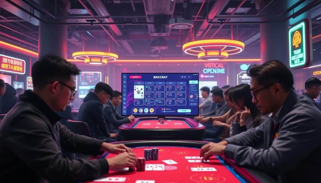 A vibrant online baccarat gaming scene unfolds, with players gathered around digital tables, eyes fixed on the cards. The foreground captures the intensity of the gameplay, with hands gesturing and chips stacking up. In the middle ground, a sleek, minimalist interface provides a seamless user experience, showcasing the intuitive design that has drawn Taiwanese players to this virtual casino. The background hints at the wider online landscape, with subtle neon accents and a sense of technological progress, hinting at the rise of this new era of baccarat entertainment. The overall scene radiates a dynamic, contemporary atmosphere, reflecting the thrill and convenience that has made online baccarat a favorite among local gaming enthusiasts.