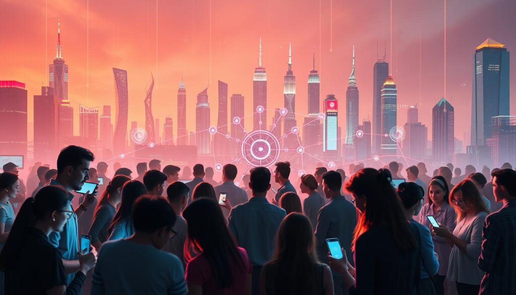 A vibrant online community gathering in a dynamic digital landscape. The foreground depicts a diverse group of people engaged in animated discussions, their faces lit by the glow of screens and smartphones. In the middle ground, a central hub of interconnected nodes and data flows, representing the intricate social network. The background features a futuristic cityscape, with towering skyscrapers and holographic displays, conveying a sense of technological innovation and urban sophistication. The scene is bathed in a warm, inviting color palette, creating an atmosphere of collaboration, connection, and shared experiences. Soft, diffused lighting casts a gentle, intimate glow, evoking a sense of intimacy and belonging within the online community.