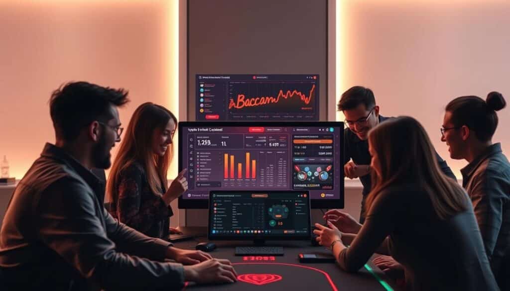 A vibrant online community of baccarat enthusiasts, gathered around a chic, modern interface. In the foreground, a group of players animatedly discussing strategy, their faces lit by the glow of multiple screens. The middle ground showcases an interactive dashboard, displaying real-time game data and analytics. In the background, a sleek, minimalist design evokes a sense of sophistication and focus. Soft lighting casts a warm, inviting atmosphere, while the clean lines and subtle color palette create a sense of balance and professionalism. The overall scene conveys a hub of engaged, knowledgeable baccarat enthusiasts, united in their pursuit of mastering the game.