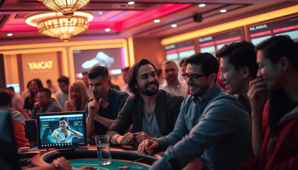 A vibrant online community of passionate baccarat players, bustling with lively discussions, strategic exchanges, and a palpable sense of camaraderie. The foreground is dominated by a group of players animatedly sharing insights and experiences, their faces alight with enthusiasm. In the middle ground, smaller clusters engage in animated debates, while the background reveals a sleek, modern interface with intuitive navigation, fostering a seamless digital experience. Soft, warm lighting creates an inviting ambiance, and a subtle depth of field blurs the edges, drawing the viewer's attention to the central social interactions. The overall composition conveys the importance of this thriving online hub for baccarat enthusiasts, where knowledge, strategies, and a shared passion for the game converge.