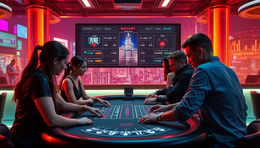 A vibrant online social casino scene, players strategizing and exchanging tips in real-time. In the foreground, a group of friends gathered around a table, engaged in an intense round of baccarat, their expressions focused and determined. The middle ground features a sleek, minimalist interface showcasing live game statistics and leaderboards, encouraging friendly competition. In the background, a pulsing neon cityscape, reflecting the energy and excitement of the digital gambling world. Soft, warm lighting casts a welcoming glow, while dynamic camera angles capture the dynamic interplay of players, technology, and the thrill of the game. An atmosphere of camaraderie, skill, and the pursuit of higher win rates permeates the scene.