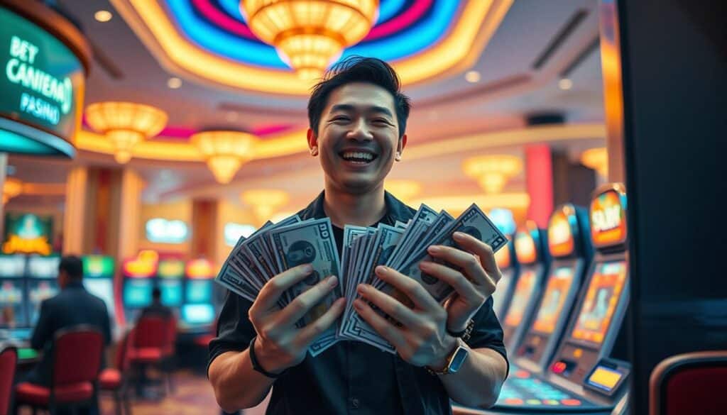 A vibrant scene of a Taiwanese casino player joyfully receiving their hard-earned winnings. Set in a well-lit, modern gaming hall, the player stands beaming, hands full of cash payouts, surrounded by the hushed excitement of the casino floor. Soft, warm lighting accentuates the player's triumphant expression, while the background blurs to suggest the energy and bustle of the gaming environment. The image captures the tangible thrill of a successful session, showcasing the real-life experiences of Taiwanese casino enthusiasts.