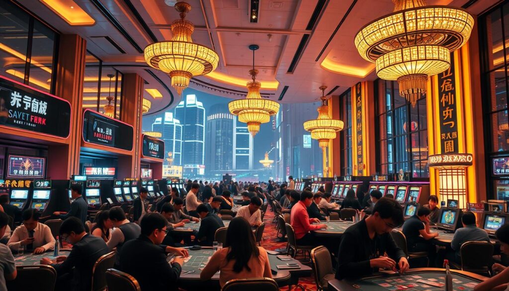 A vibrant scene of a bustling Taiwanese baccarat market, illuminated by the warm glow of neon lights and the chatter of gamblers. In the foreground, a group of players engrossed in intense card games, their faces alight with anticipation. The middle ground showcases the sleek, modern casino interiors, with high ceilings, plush carpets, and elegant chandeliers. The background is filled with the energy of the city, with skyscrapers and neon signs visible through the large windows, creating a sense of urban dynamism. The overall atmosphere is one of excitement, sophistication, and the thrill of high-stakes gaming, capturing the essence of Taiwan's thriving baccarat market.