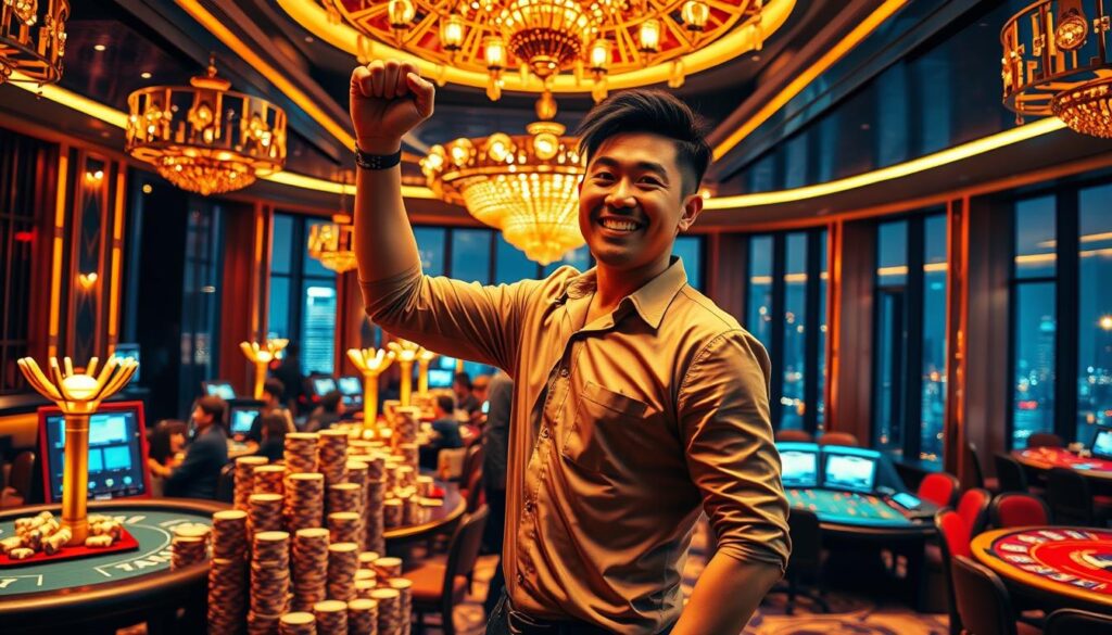 A vibrant scene of a successful Taiwanese casino player, captured in a dynamic and triumphant pose. In the foreground, the player stands tall, fist raised in celebration, their face beaming with pride and satisfaction. The middle ground features a luxurious casino setting, with the player surrounded by the trappings of wealth and success - stacks of chips, shimmering chandeliers, and the twinkling lights of the gaming tables. In the background, a panoramic view of the city skyline, hinting at the player's wider achievements and prominence. The lighting is warm and inviting, casting a golden glow that infuses the scene with a sense of celebration and accomplishment. The composition emphasizes the player's central role, drawing the viewer's attention to their triumphant moment.