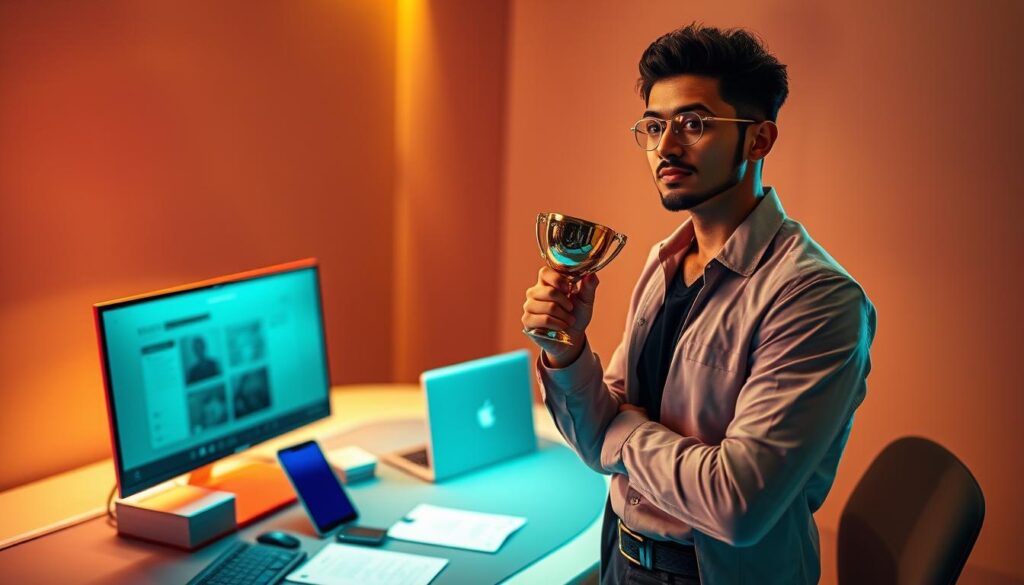 A vibrant scene of a successful online baccarat player's journey, captured in a serene yet dynamic composition. In the foreground, a confident individual stands tall, their expression radiating triumph as they hold a trophy symbolizing their accomplishments. The middle ground features a sleek, modern desktop setup, complete with a laptop, smartphone, and neatly organized documents, conveying the strategic and analytical nature of their gameplay. The background is a warm, softly-lit interior, with muted tones and subtle textures, evoking a sense of focus and dedication. Subtle lighting casts a gentle glow, highlighting the player's poise and the atmosphere of success. The overall scene exudes a sense of achievement, professionalism, and the rewards of mastering the online baccarat platform.
