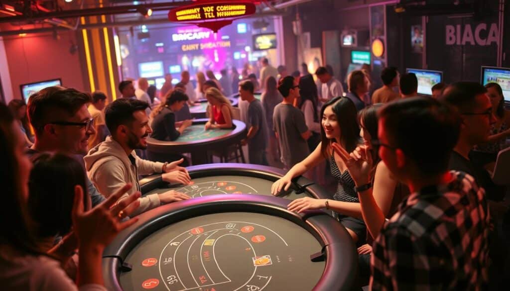 A vibrant social gathering of online casino game players, bathed in warm, soft lighting. In the foreground, a group of friends engaged in lively discussions, hands gesturing animatedly as they share strategies and recount thrilling gameplay moments. The middle ground features players seated at virtual gaming tables, faces aglow with excitement as they partake in the thrills of a high-stakes round of Baccarat. In the background, a sense of community and camaraderie permeates the scene, with players mingling, exchanging tips and celebrating victories. The overall atmosphere conveys a spirit of joyful, shared experiences - a hub where the pleasures of online gaming intersect with the bonds of a tight-knit social circle.