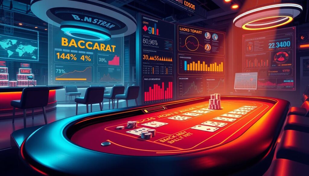 A vibrant, visually engaging illustration showcasing the latest updates and information on the popular baccarat casino game. In the foreground, a richly detailed baccarat table with cards, chips, and other gaming elements, illuminated by warm, atmospheric lighting. The middle ground features dynamic infographic-style graphics and data visualizations highlighting the latest trends, odds, and insights on the game. The background blends a sleek, modern design aesthetic with subtle references to the world of online and land-based casinos, creating a cohesive, professional-looking scene. The overall composition conveys a sense of authority, currency, and expertise in the field of baccarat gaming.