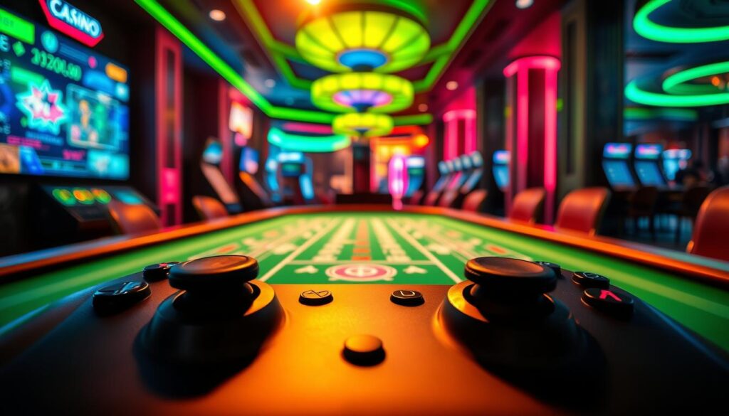 A vibrant, visually striking comparison of video games and baccarat casino gameplay. In the foreground, a sleek gaming console controller juxtaposed with the elegant green felt of a baccarat table, illuminated by warm, atmospheric lighting. The middle ground showcases a colorful, immersive video game display alongside the sophisticated ambiance of a casino, with subtle hints of luxury furnishings and décor. The background blends the neon-tinged excitement of an arcade with the refined, sophisticated aura of a high-stakes gaming establishment. The overall composition conveys the distinct experiences and sensations evoked by the digital realm of video games versus the thrilling, tactile world of casino gaming.