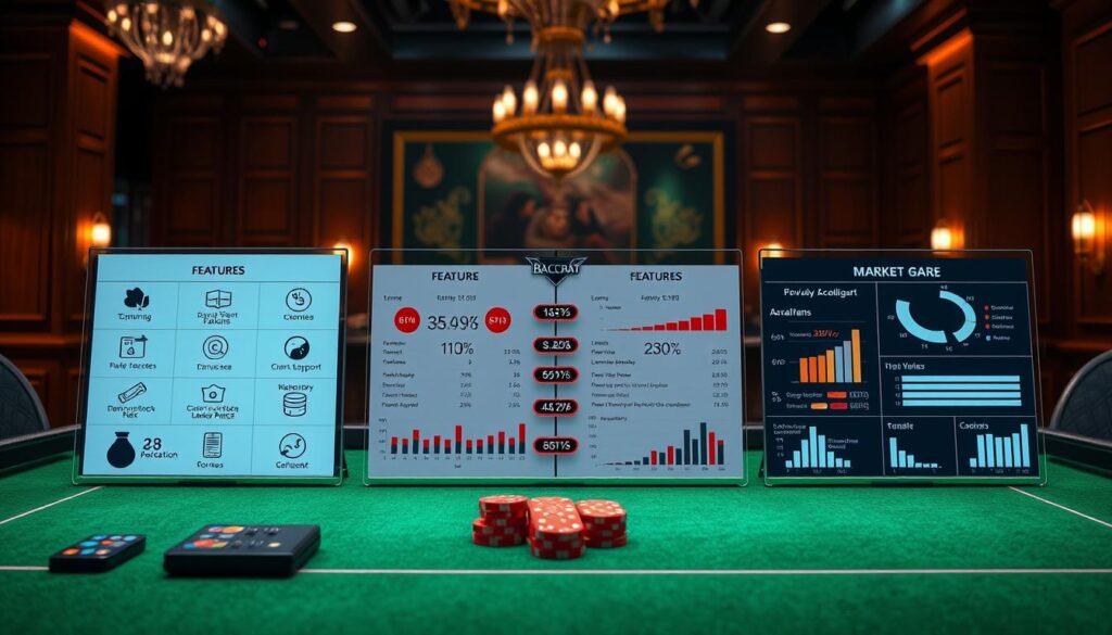 A visually appealing tabletop display showcasing a side-by-side comparison of popular online baccarat gaming platforms. The foreground features sleek, high-quality icons representing the key features and offerings of each platform, such as game selection, bonuses, and customer support. The middle ground depicts stylized graphs and charts highlighting the platforms' performance metrics, user reviews, and market share. The background subtly incorporates elegant casino-inspired elements, such as plush green felt, wood paneling, and warm lighting, to evoke a sense of sophistication and authority. The overall composition strikes a balance between informative and aesthetically pleasing, making it an ideal illustration for the article's section on online baccarat platform comparison.