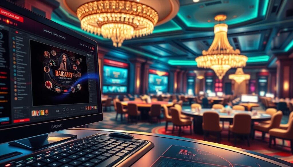 A visually captivating illustration of a sophisticated online baccarat gaming platform. The foreground features a sleek and modern interface, with clean lines, intuitive controls, and a polished aesthetic. The middle ground showcases a high-definition live dealer table, complete with elegant decor and lighting that creates an immersive atmosphere. In the background, a panoramic view of a glamorous casino setting, with glittering chandeliers, plush furnishings, and a sense of luxury and excitement. The overall composition radiates a sense of professionalism, trustworthiness, and a premium gaming experience, perfectly capturing the essence of the top-tier online baccarat platforms available in Taiwan.