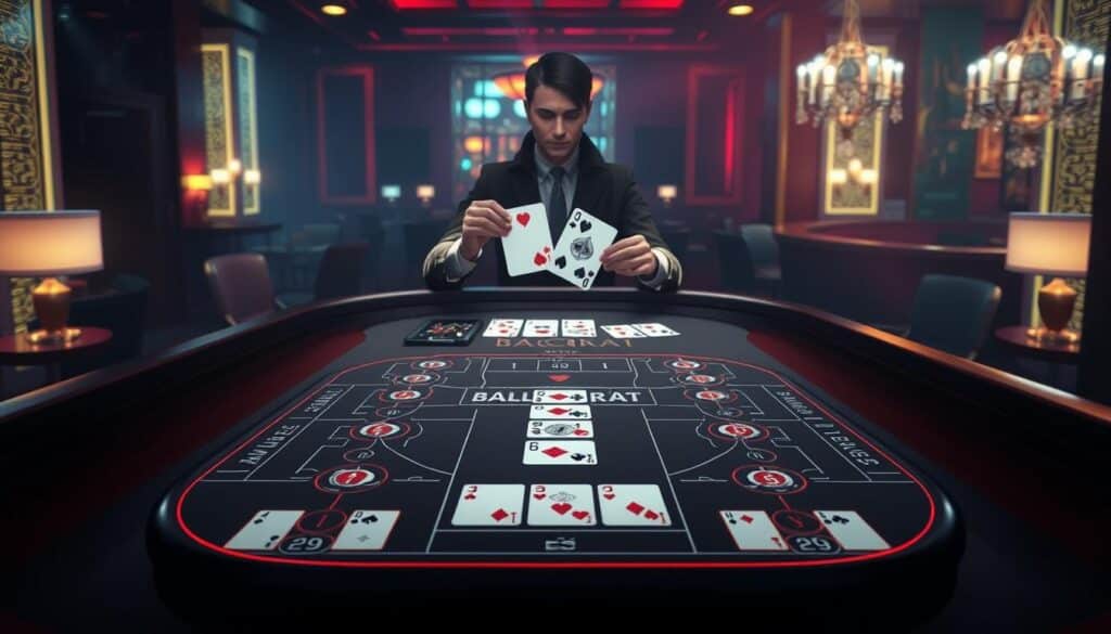 A visually captivating illustration of the gameplay mechanics of Baccarat, the classic casino game. In the foreground, a detailed diagram showcases the table layout, highlighting the key betting positions and the flow of the game. The middle ground depicts two graceful hands dealing the cards, accompanied by the iconic Baccarat cards themselves, their intricate designs adding a touch of elegance. The background features a dimly lit, luxurious casino setting, with soft, warm lighting creating an atmosphere of excitement and sophistication. The overall composition conveys the strategic depth and refined charm of the Baccarat experience, serving as a visually compelling guide to the game's rules and gameplay.