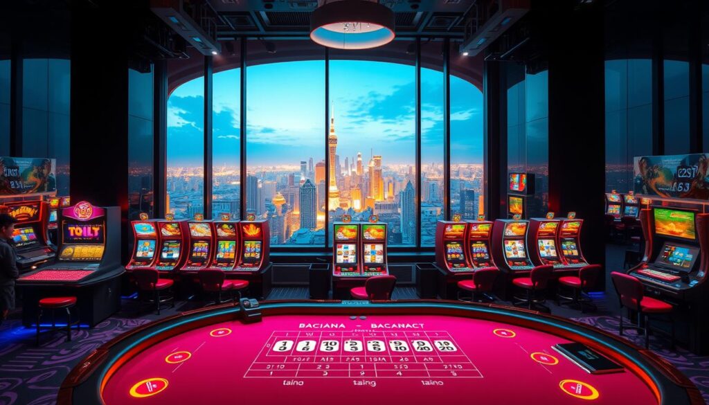 A visually captivating online casino in Taiwan, illuminated by neon lights and sleek, modern architecture. The foreground features a high-stakes baccarat table, with a dealer expertly handling the cards under a dramatic spotlight. The middle ground showcases an array of slot machines, their vibrant displays casting a warm glow across the scene. In the background, a panoramic view of the Taipei skyline can be seen through large windows, creating a sense of urban sophistication. The overall atmosphere is one of excitement and high-end luxury, inviting players to immerse themselves in the thrill of Taiwan's premier online gambling destination.