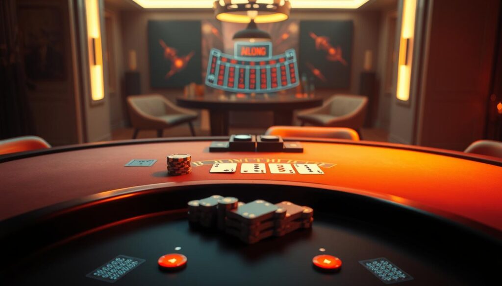 A visually captivating scene of an online baccarat game in a serene, minimalist setting. The table is illuminated by warm, diffused lighting, creating a cozy and inviting atmosphere. The cards, chips, and other gaming elements are meticulously rendered, showcasing the attention to detail in the free-to-play experience. The background is blurred, keeping the focus on the interactive gaming interface, which is sleek and intuitive, inviting the viewer to engage with the free trial. The color palette is muted and sophisticated, evoking a sense of sophistication and high-end gaming experience.