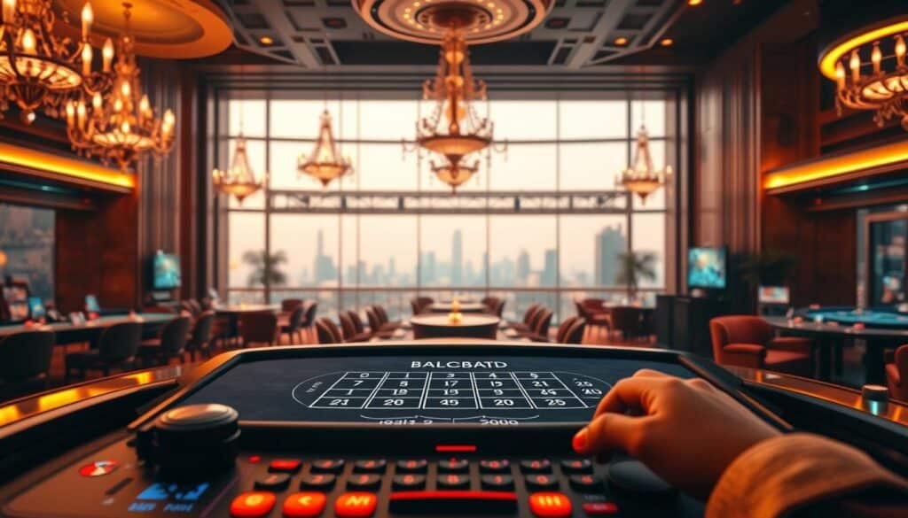 A visually captivating scene of an online baccarat gaming experience. In the foreground, a sleek and modern gaming interface with high-resolution graphics, clean lines, and intuitive controls, inviting the player to immerse themselves in the game. The middle ground showcases a panoramic view of a luxurious casino setting, with ornate chandeliers, plush seating, and elegant decor, creating an atmosphere of exclusivity and sophistication. The background is a softly blurred cityscape, hinting at the global reach and accessibility of this online gaming platform. Warm, ambient lighting casts a welcoming glow, while the overall composition exudes a sense of elegance, excitement, and the thrill of the gaming experience.