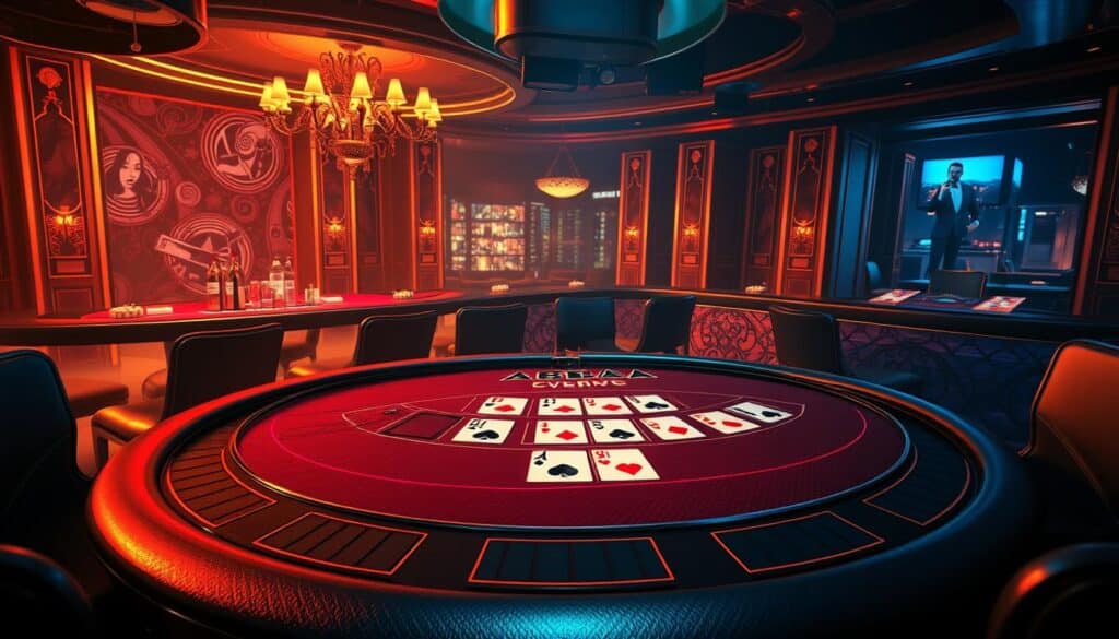 A visually engaging illustration of the rules and scoring of the classic casino game Baccarat. Set against a lush, opulent backdrop, the image should feature a detailed table with the game's key elements - the player and banker positions, the card values and scoring system. Employ a high-contrast lighting scheme with warm tones to evoke an inviting, sophisticated atmosphere. Capture the elegance and precision of the gameplay through dynamic camera angles and a crisp, photorealistic rendering style. The overall composition should clearly communicate the structure and mechanics of Baccarat, serving as an informative visual guide for players.