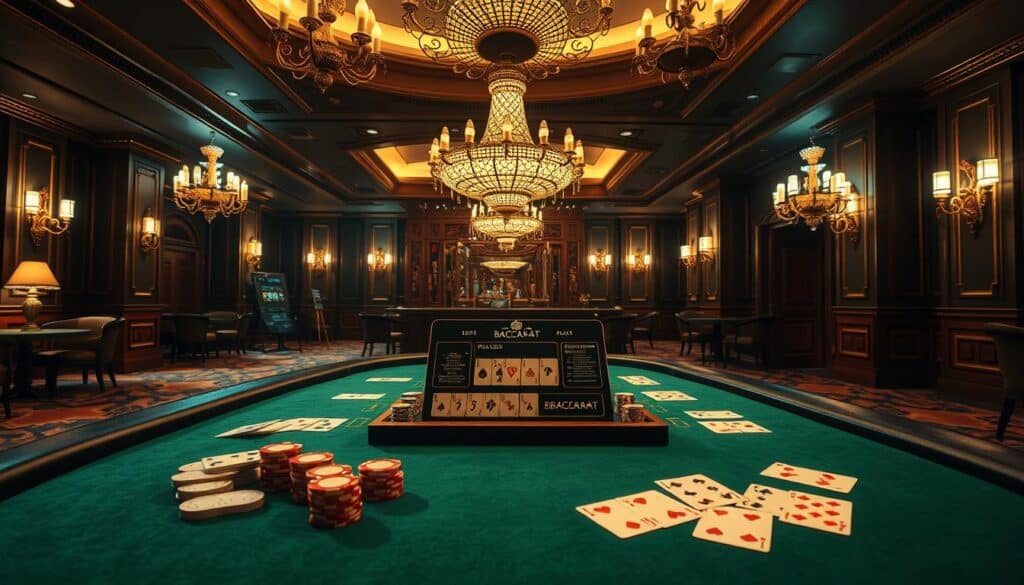 A visually striking and detailed image of the rules of baccarat (百家樂), a popular casino card game. Set in a elegant, dimly lit casino interior with plush carpets, ornate chandeliers, and wood-paneled walls. The table is the central focus, with the green felt surface reflecting the overhead lighting. Carefully rendered cards and casino chips are scattered across the table, along with a dealer's tray displaying the game's basic rules and payouts. The atmosphere evokes a sense of sophistication and high-stakes excitement. Crisp, high-resolution rendering with a cinematic depth of field, capturing the grandeur and allure of the baccarat gaming experience.