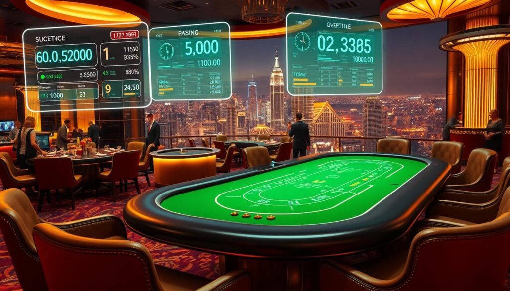 A visually striking and informative image depicting the advantages of online baccarat gaming. In the foreground, a serene casino table with the iconic green felt surface and plush chairs, meticulously rendered. Hovering above are glowing holographic displays showcasing game statistics, odds, and payout ratios, conveying the transparency and analytical tools available to online players. The middle ground features a sleek, modern casino lobby with tasteful decor and well-dressed patrons, highlighting the convenience and accessibility of online play. In the background, a panoramic cityscape with glittering skyscrapers and neon lights, symbolizing the 24/7 availability and global reach of online baccarat. The lighting is warm and inviting, creating an atmosphere of sophistication and excitement. The overall composition strikes a balance between the tangible casino environment and the digital innovations that enhance the online gaming experience.