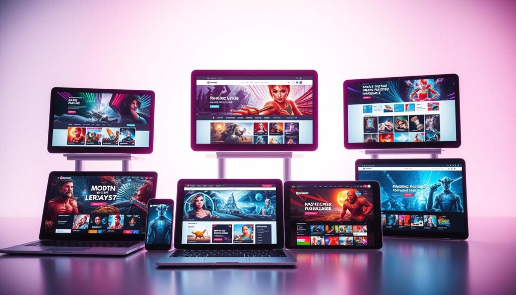 A visually striking arrangement of game websites, showcased on modern, minimalist devices against a clean, bright background. The websites feature dynamic layouts, bold typography, and vibrant color palettes, reflecting the diverse and engaging nature of the online gaming landscape. Soft, diffused lighting emanates from the devices, creating a sense of depth and emphasis on the digital content. The scene conveys a professional, informative, and aesthetically pleasing atmosphere, suitable for illustrating the "Recommended Casino Games: Diverse Choices and Standout Features" section of the article.