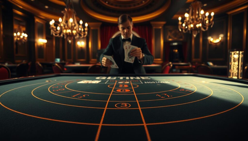 A visually striking, high-resolution image of the classic casino game "Baccarat". Set in a dimly lit, luxurious casino interior, with a crisp, elegant playing table in the foreground. The table features detailed markings and lines indicating the game's rules and betting areas. Soft, atmospheric lighting casts dramatic shadows, creating a sense of drama and anticipation. In the middle ground, cards are being dealt by a sharply dressed dealer, their hands in motion. The background showcases the opulent decor of the casino, with ornate chandeliers, rich fabrics, and gilded accents. The overall mood is one of refined sophistication and the thrill of high-stakes gambling.