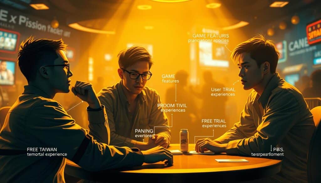A visually striking illustration of the key factors influencing Taiwanese online gaming choices. A group of players gathered around a table, deep in thought, considering a range of options - game features, promotions, user reviews, and free trial experiences. The scene is bathed in warm, golden lighting, creating a contemplative mood. The players' expressions convey a sense of careful deliberation, as they weigh the different elements that shape their decisions. In the background, a hazy cityscape or casino-like environment suggests the broader context of the online gaming landscape in Taiwan.