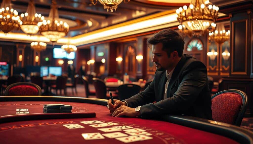 A visually striking image of a psychology-themed casino scene, capturing the intersection of mind and game. In the foreground, a thoughtful figure sits at a baccarat table, pen in hand, deep in contemplation. The table's felt surface reflects the intricate patterns of the cards, hinting at the strategic complexities of the game. In the middle ground, the casino's opulent decor unfolds - gilded chandeliers, ornate columns, and rich wooden accents evoking a timeless elegance. The background is bathed in a warm, ambient lighting, creating a sense of focus and intensity, as if the very air is charged with the tension of the game. The overall atmosphere is one of intellectual engagement, where the principles of psychology intertwine with the thrill of the casino experience.