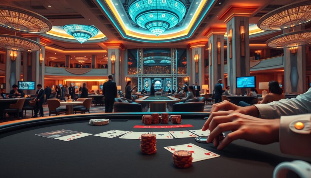 A visually striking online baccarat game scene set in a modern, sleek casino environment. The foreground features a stylishly lit baccarat table with detailed playing cards, casino chips, and a dealer's hands making bets. The middle ground showcases a panoramic view of the casino floor, with subtle lighting, luxurious furnishings, and sophisticated clientele. The background depicts the grand, expansive architecture of the casino, with high ceilings, marble columns, and warm, inviting ambiance. The overall mood is one of excitement, sophistication, and the thrill of high-stakes gambling. The image should convey the essence of a premier online baccarat experience.