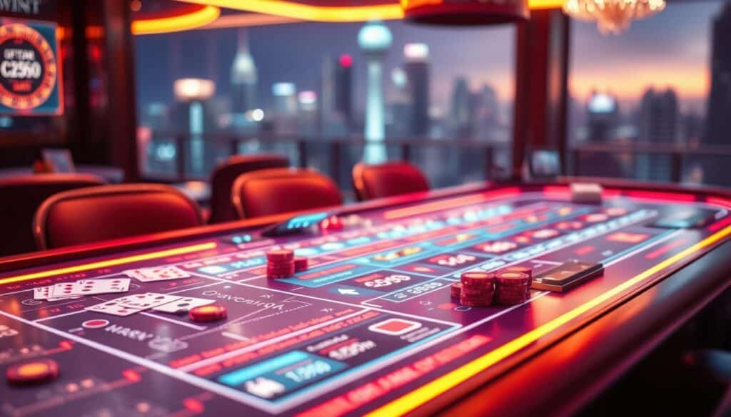 A visually striking scene of a live, digitally-updated baccarat game table. The table is illuminated with a warm, ethereal glow, casting a serene ambiance over the setting. In the foreground, the cards, chips, and other gaming elements appear hyper-realistic, each detail meticulously rendered. The middle ground showcases the table's surface, seamlessly integrating real-time data and statistics that flow across the surface like digital waves. In the background, a blurred, out-of-focus cityscape recedes into the distance, hinting at the online, interconnected nature of modern gambling. The composition captures the intersection of traditional casino gaming and cutting-edge technological advancements, conveying a sense of dynamic transformation and innovation within the baccarat gaming experience.