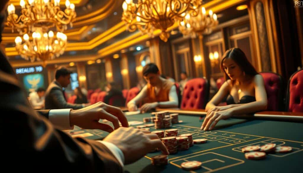 A visually stunning scene of a casino table, illuminated by warm, golden lighting. In the foreground, a croupier's hands skillfully manipulate the cards and chips, showcasing the intricate techniques of Baccarat gameplay. The middle ground captures the intense focus and anticipation of players, their gaze fixed on the table, as they strategize their next move. In the background, a luxurious, opulent casino interior sets the stage, with ornate chandeliers and rich, velvet furnishings creating an atmosphere of sophistication and high-stakes excitement. This image perfectly captures the essence of the Baccarat gaming experience, offering a glimpse into the strategic mastery and captivating ambiance of this classic casino game.