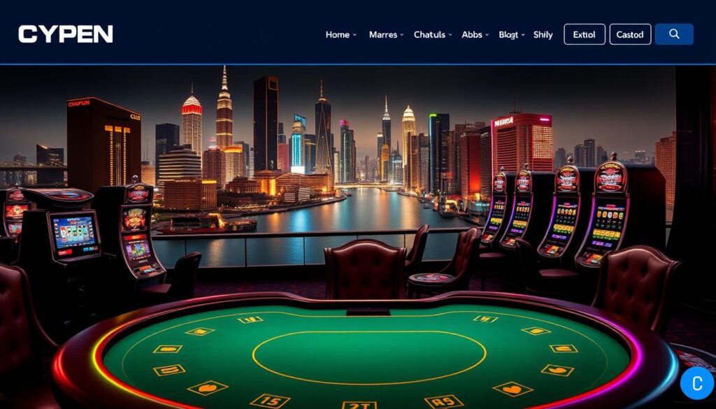A well-designed online casino website with a sleek, modern interface. In the foreground, a casino table with a green felt surface and elegant wooden trim, surrounded by high-backed chairs. In the middle ground, a row of slot machines with vibrant, eye-catching displays. The background features a panoramic view of a bustling city skyline, with towering skyscrapers and neon lights reflecting off the surface of a nearby river. The overall atmosphere exudes a sense of excitement, luxury, and sophistication, inviting players to immerse themselves in the thrilling world of online baccarat gaming.