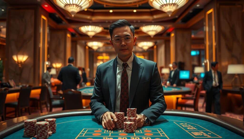 A well-dressed casino patron standing confidently at a baccarat table, surrounded by stacks of casino chips and the warm glow of table lights. In the background, the elegant decor of a high-end Taiwanese casino, with marble floors, gilded accents, and discreet security personnel. The player's expression conveys a sense of focus and calculated risk-taking, hinting at the strategic thinking and discipline that led to their success. Crisp, cinematic lighting illuminates the scene, creating depth and drama. The overall atmosphere evokes the thrill and sophistication of high-stakes gambling in Taiwan's premier gaming establishments.