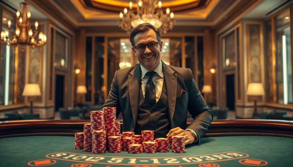 A well-dressed gambler stands triumphantly at a baccarat table, surrounded by stacks of winning chips. The table is illuminated by warm, natural lighting, casting a golden glow across the green felt. Behind the player, a luxurious hotel lobby sets the scene, with ornate chandeliers and marble floors. The gambler's expression radiates confidence and success, embodying the "winning strategy" and "successful case study" theme of the article section. The composition is balanced, drawing the viewer's eye to the central figure and their tangible rewards.