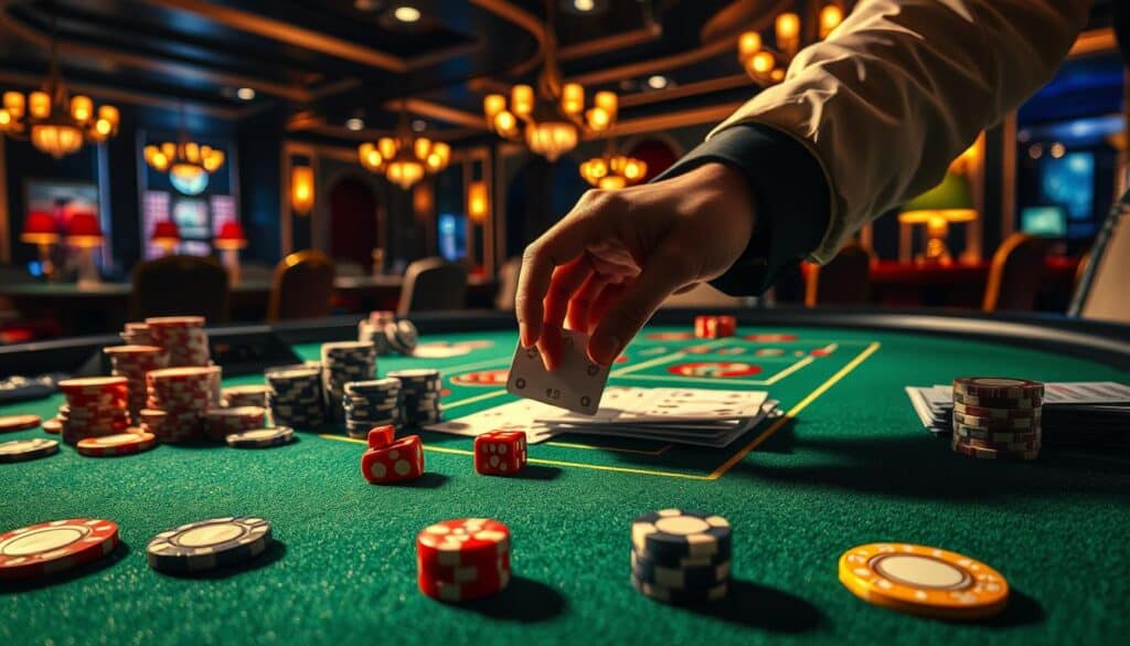 A well-lit and intricately detailed tabletop scene depicting various gambling elements. In the foreground, a green felt gaming table with casino chips, dice, and playing cards arranged in a visually appealing layout. In the middle ground, a croupier's hand delicately manipulating the cards, conveying the skilled and precise nature of betting strategies. The background features a luxurious casino interior with dimmed lighting, elegant furnishings, and a sense of anticipation and excitement. The overall mood is one of strategic contemplation, high stakes, and the thrill of the game.