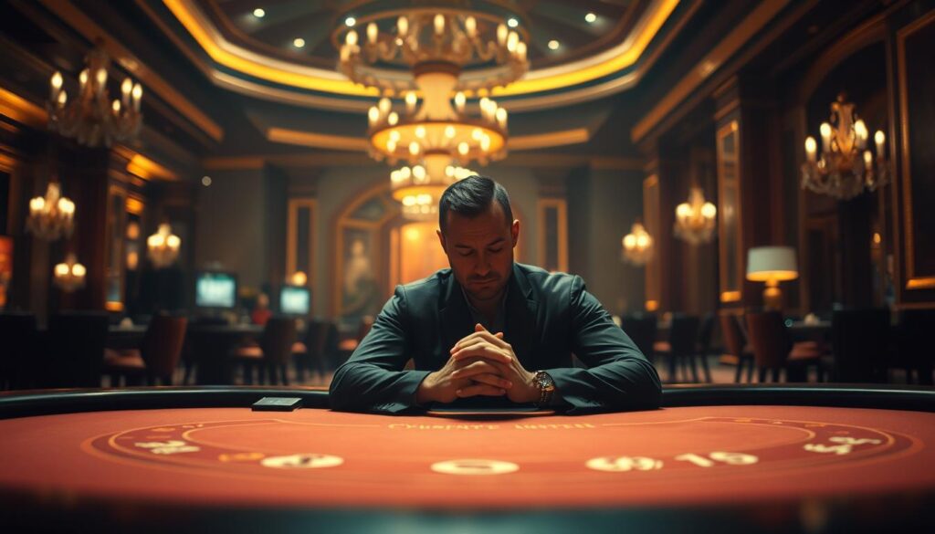 A well-lit, atmospheric scene depicting the mental state of a successful baccarat player. In the foreground, a serene figure sits at a baccarat table, hands folded calmly as they contemplate their next move. The table is surrounded by a halo of soft, golden light, creating a sense of focus and tranquility. In the middle ground, the casino's opulent decor is visible, with ornate chandeliers and plush furnishings, suggesting an elite, high-stakes environment. The background is blurred, conveying a sense of the player's single-minded concentration. The overall mood is one of quiet confidence, discipline, and the mastery of one's emotions - the hallmarks of a winning baccarat mindset.