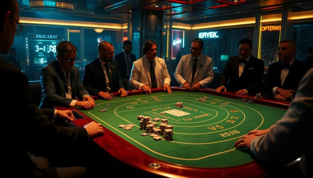 A well-lit casino gaming table featuring a classic Baccarat layout, with green felt and polished wooden edges. The table is surrounded by a group of stylishly dressed players, their faces obscured, engrossed in the excitement of the game. Soft, dramatic lighting casts dramatic shadows, creating an air of mystery and high-stakes tension. The table is adorned with elegant casino chips in various denominations, scattered strategically across the surface. The overall scene conveys the thrill and strategy of the Baccarat experience, hinting at the specialized techniques and decision-making required to succeed in this timeless game of chance.