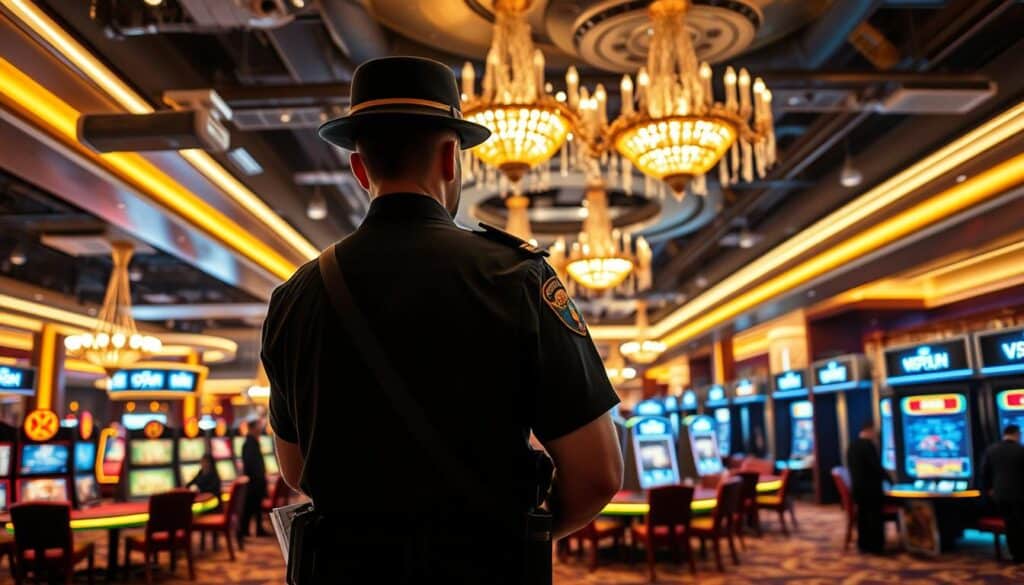 A well-lit casino interior with a focus on security measures. In the foreground, a security guard stands vigilantly, monitoring the gaming tables and patrons. The middle ground features a sleek, modern casino floor with elegant chandeliers casting a warm glow. The background showcases high-end security systems, including surveillance cameras and metal detectors, conveying a sense of safety and security. The overall atmosphere is one of sophistication and reassurance, putting players at ease as they immerse themselves in the thrilling world of casino gaming.