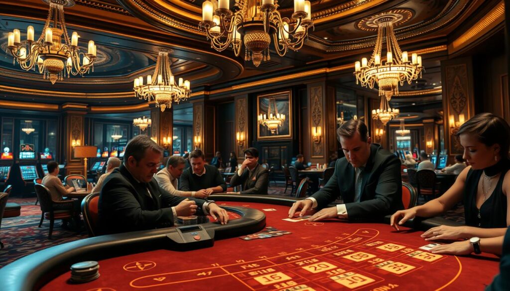A well-lit casino interior with a focus on the baccarat table in the foreground. Elegant chandeliers and soft lighting create a warm, inviting atmosphere. At the table, experienced croupiers efficiently manage the game, their hands deftly handling cards and chips. Wealthy patrons sit around the table, expressions intense as they study the cards and place their bets. The background features ornate decor, with plush carpeting, gilded accents, and a panoramic view of the casino floor through large windows. An air of exclusivity and high-stakes excitement permeates the scene, capturing the essence of the casino's lucrative business model.