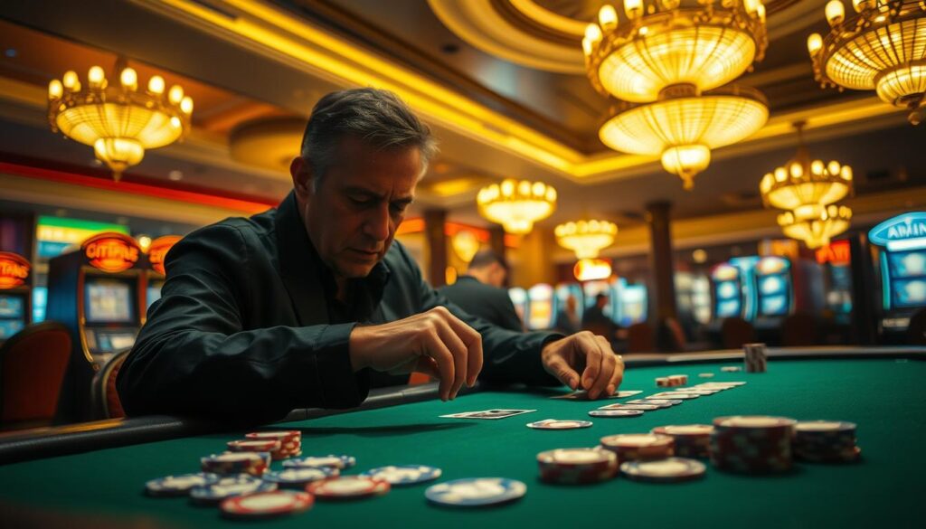 A well-lit casino table is the centerpiece, with a seasoned gambler carefully studying the cards and chips. The table's green felt surface reflects the warm glow of the overhead chandeliers, creating a sense of concentration and intensity. The player's face is partially obscured, their expression intense as they weigh their next move. In the background, the bustling casino environment is hinted at, with the faint sounds of slot machines and chatter creating an atmosphere of excitement and anticipation. The image conveys the thrill of mastering the techniques of baccarat, while also highlighting the focus and discipline required to achieve success at the table.