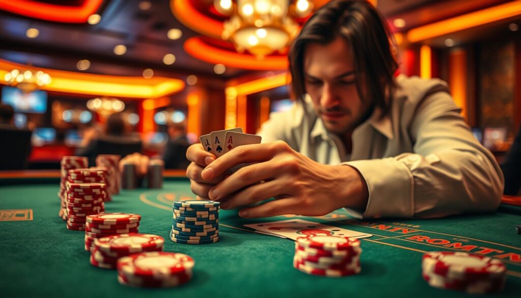A well-lit casino table, the green felt surface glistening under warm, inviting lighting. On the table, elegant casino chips in varying denominations arranged in neat stacks, ready for the game of Baccarat. In the foreground, a skilled player's hands expertly manipulate the cards, their face in deep concentration as they weigh their options. The background is blurred, creating a sense of focus and intensity on the game at hand. The scene exudes an air of sophistication and strategic thinking, hinting at the nuances and techniques required to master this classic casino game.